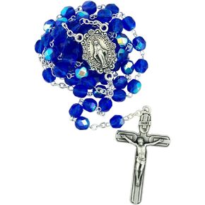 Dark Blue Glass Rosary | Multi-Faceted Hail Mary Beads | Miraculous Medal Center and Silver Tone Crucifix | Great Catholic Gift for First Communion and Confirmation | Made in Italy