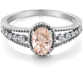 Gem Stone King 925 Sterling Silver Peach Morganite and White Topaz Engagement Ring For Women (0.86 Cttw, Oval 7X5MM, Available In Size 5, 6, 7, 8, 9)