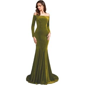SSPbridal Off Shoulder Velvet Prom Dresses Mermaid Long Sleeves Formal Evening Party Gowns with Court Train pp123