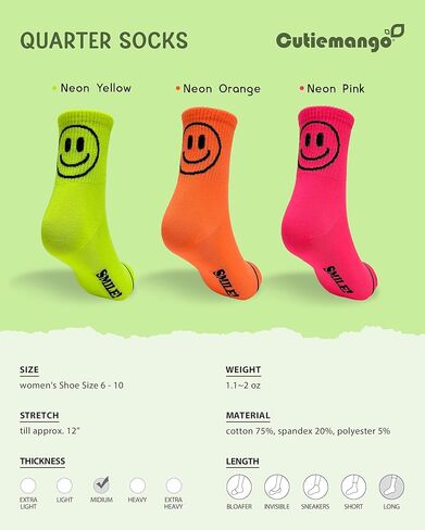 CUTIE MANGO 3 أزواج من الجوارب النسائية ربع السنوية، نيون كبيرة، وجه مبتسم سعيد، نمط مطبوع، تصميم مرح ومرح ومفعم بالحيوية in Kuwait