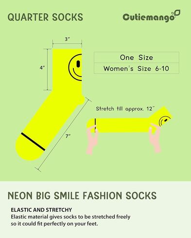 CUTIE MANGO 3 أزواج من الجوارب النسائية ربع السنوية، نيون كبيرة، وجه مبتسم سعيد، نمط مطبوع، تصميم مرح ومرح ومفعم بالحيوية in Kuwait