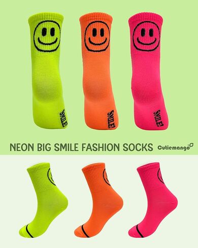 CUTIE MANGO 3 أزواج من الجوارب النسائية ربع السنوية، نيون كبيرة، وجه مبتسم سعيد، نمط مطبوع، تصميم مرح ومرح ومفعم بالحيوية in Kuwait