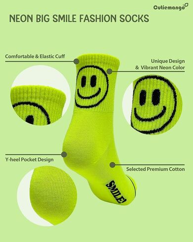 CUTIE MANGO 3 أزواج من الجوارب النسائية ربع السنوية، نيون كبيرة، وجه مبتسم سعيد، نمط مطبوع، تصميم مرح ومرح ومفعم بالحيوية in Kuwait