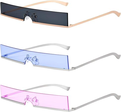 Frienda 3 Pairs Tiny Rimless Rectangle Slim Sunglasses Slender Metal Frame Rectangular Sunglasses Candy Colors (Grey, Pink, Blue) in Saudi Arabia