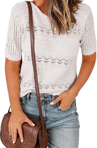 Zeagoo Women Crewneck Short Sleeve Knit Openwork Pullover Sweater Top in Saudi Arabia