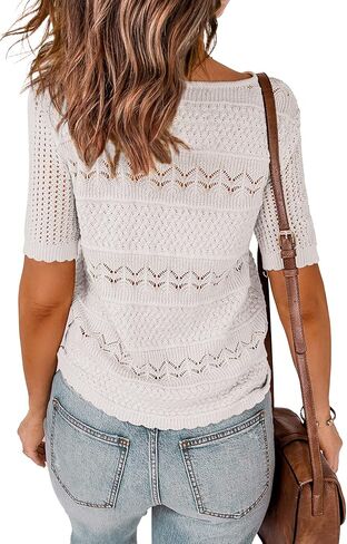 Zeagoo Women Crewneck Short Sleeve Knit Openwork Pullover Sweater Top in Saudi Arabia