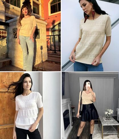 Zeagoo Women Crewneck Short Sleeve Knit Openwork Pullover Sweater Top in Saudi Arabia