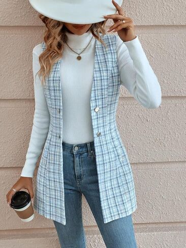 سترة نسائية من MakeMeChic بدون أكمام ورقبة على شكل حرف V وأزرار أمامية مفتوحة وأزرار أمامية مفتوحة in Kuwait