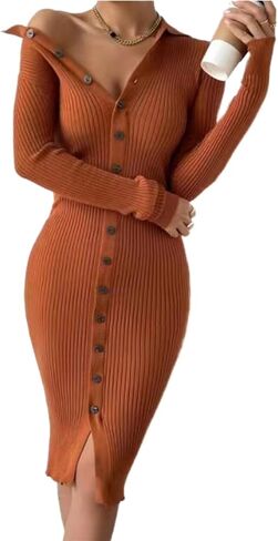 المرأة بياقة يغرق الخامس الرقبة زر أسفل كم طويل مضلع متماسكة سترة فستان Bodycon حفلة ميدي فستان in Kuwait