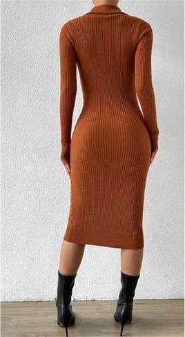 المرأة بياقة يغرق الخامس الرقبة زر أسفل كم طويل مضلع متماسكة سترة فستان Bodycon حفلة ميدي فستان in Kuwait