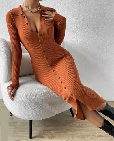 المرأة بياقة يغرق الخامس الرقبة زر أسفل كم طويل مضلع متماسكة سترة فستان Bodycon حفلة ميدي فستان in Kuwait