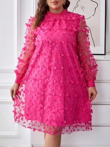 فستان Finjani نسائي بمقاس كبير مزين بتفاصيل شبكية فستان سادة بأكمام أسقف وياقة واقفة للحفلات للصيف in Kuwait