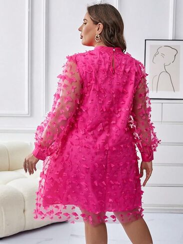 فستان Finjani نسائي بمقاس كبير مزين بتفاصيل شبكية فستان سادة بأكمام أسقف وياقة واقفة للحفلات للصيف in Kuwait