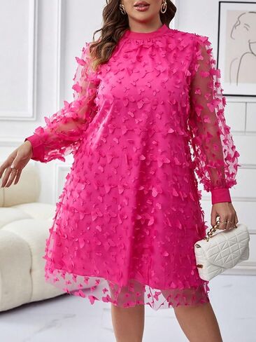 فستان Finjani نسائي بمقاس كبير مزين بتفاصيل شبكية فستان سادة بأكمام أسقف وياقة واقفة للحفلات للصيف in Kuwait