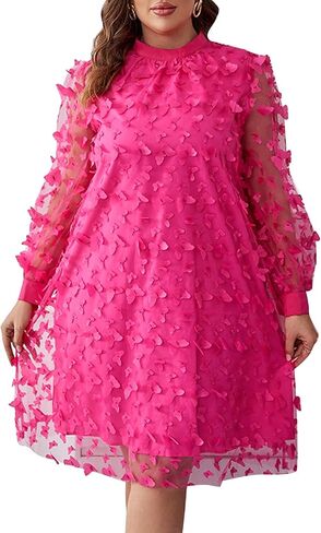 فستان Finjani نسائي بمقاس كبير مزين بتفاصيل شبكية فستان سادة بأكمام أسقف وياقة واقفة للحفلات للصيف in Kuwait