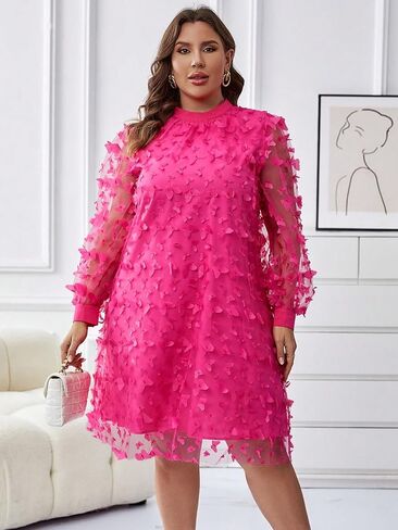 فستان Finjani نسائي بمقاس كبير مزين بتفاصيل شبكية فستان سادة بأكمام أسقف وياقة واقفة للحفلات للصيف in Kuwait