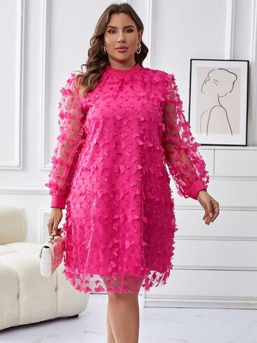 فستان Finjani نسائي بمقاس كبير مزين بتفاصيل شبكية فستان سادة بأكمام أسقف وياقة واقفة للحفلات للصيف in Kuwait