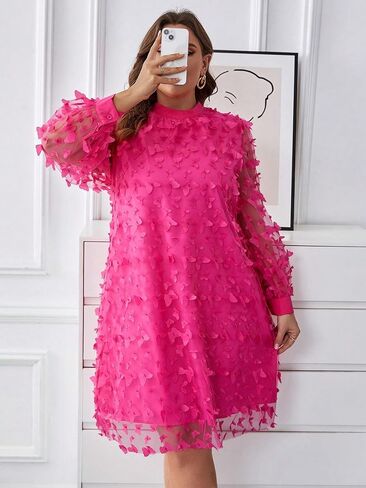 فستان Finjani نسائي بمقاس كبير مزين بتفاصيل شبكية فستان سادة بأكمام أسقف وياقة واقفة للحفلات للصيف in Kuwait