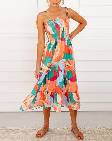 فستان نسائي صيفي بوهو منقوش عليه زهور من Fashionme فستان متوسط ​​الطول مرن مكشكش وربطة عنق على الكتف وحزام سباغيتي متدرج لقضاء العطلات على الشاطئ in Kuwait