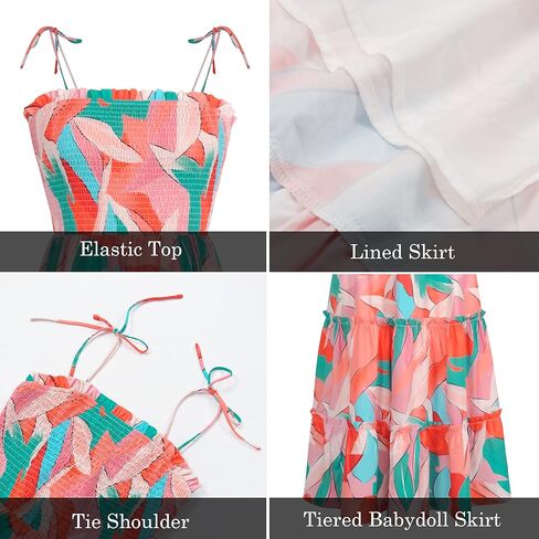 فستان نسائي صيفي بوهو منقوش عليه زهور من Fashionme فستان متوسط ​​الطول مرن مكشكش وربطة عنق على الكتف وحزام سباغيتي متدرج لقضاء العطلات على الشاطئ in Kuwait