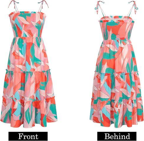 فستان نسائي صيفي بوهو منقوش عليه زهور من Fashionme فستان متوسط ​​الطول مرن مكشكش وربطة عنق على الكتف وحزام سباغيتي متدرج لقضاء العطلات على الشاطئ in Kuwait