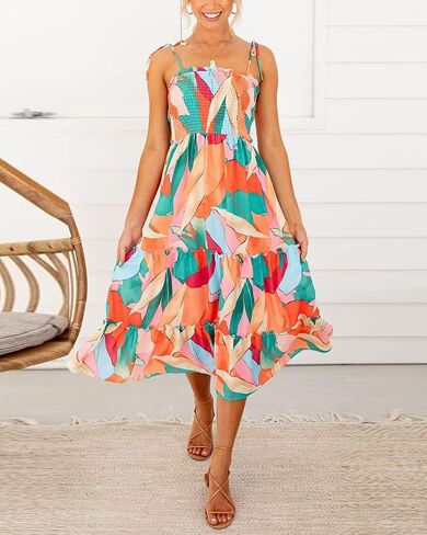 فستان نسائي صيفي بوهو منقوش عليه زهور من Fashionme فستان متوسط ​​الطول مرن مكشكش وربطة عنق على الكتف وحزام سباغيتي متدرج لقضاء العطلات على الشاطئ in Kuwait