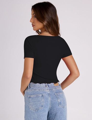 تيشيرتات نسائية أساسية بأكمام قصيرة من Rapbin تي شيرت صيفي منسوج مضلع تيشيرتات قصيرة برقبة قارب وحواف الخس in Kuwait