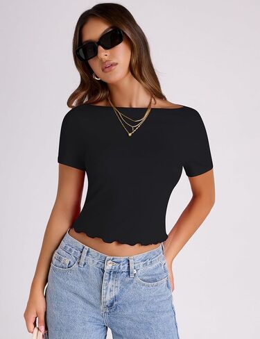 تيشيرتات نسائية أساسية بأكمام قصيرة من Rapbin تي شيرت صيفي منسوج مضلع تيشيرتات قصيرة برقبة قارب وحواف الخس in Kuwait