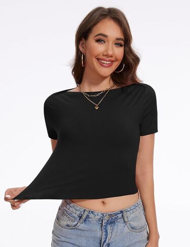 تيشيرتات نسائية أساسية بأكمام قصيرة من Rapbin تي شيرت صيفي منسوج مضلع تيشيرتات قصيرة برقبة قارب وحواف الخس in Kuwait