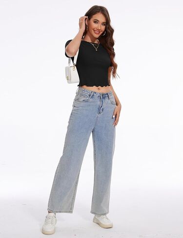 تيشيرتات نسائية أساسية بأكمام قصيرة من Rapbin تي شيرت صيفي منسوج مضلع تيشيرتات قصيرة برقبة قارب وحواف الخس in Kuwait