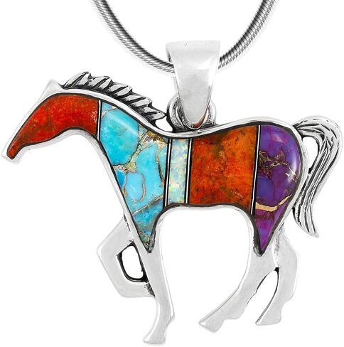 قلادة حصان من الفضة الإسترليني والفيروز والأحجار الكريمة الأصلية مع سلسلة مقاس 20 بوصة in Kuwait