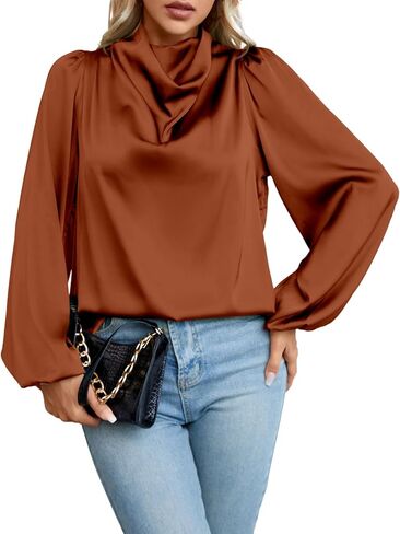 قمصان LOLONG النسائية ذات الرقبة العالية من الساتان وأكمام طويلة من الحرير وبلوزات كاجوال أنيقة in Kuwait