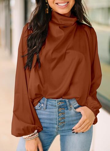 قمصان LOLONG النسائية ذات الرقبة العالية من الساتان وأكمام طويلة من الحرير وبلوزات كاجوال أنيقة in Kuwait