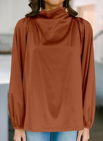 قمصان LOLONG النسائية ذات الرقبة العالية من الساتان وأكمام طويلة من الحرير وبلوزات كاجوال أنيقة in Kuwait