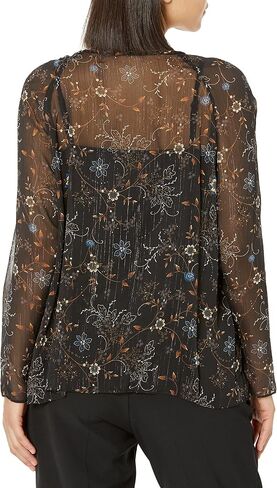 Zac & Rachel womens Long Sleeve Printed Shadow Stripe Georgette Top With Lurex Blouse, Black/Sailor Blue Str6547 Cw#2, X-Large US in Saudi Arabia