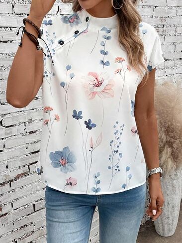 GORGLITTER Women's Floral Print Mock Neck Blouse Tops Dolman Sleeve Button Detail Blouses in Saudi Arabia