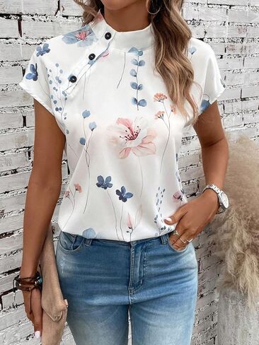 GORGLITTER Women's Floral Print Mock Neck Blouse Tops Dolman Sleeve Button Detail Blouses in Saudi Arabia