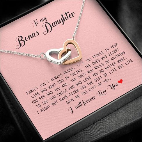 To My Bonus Daughter, Interlocking Heart Necklace Stepdaughter Gifts From Stepmom, Adopted Daughter Necklace From Unbiological Mom, Necklace Jewelry On Birthday Christmas, Women's Jewelry in Saudi Arabia