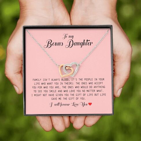 To My Bonus Daughter, Interlocking Heart Necklace Stepdaughter Gifts From Stepmom, Adopted Daughter Necklace From Unbiological Mom, Necklace Jewelry On Birthday Christmas, Women's Jewelry in Saudi Arabia