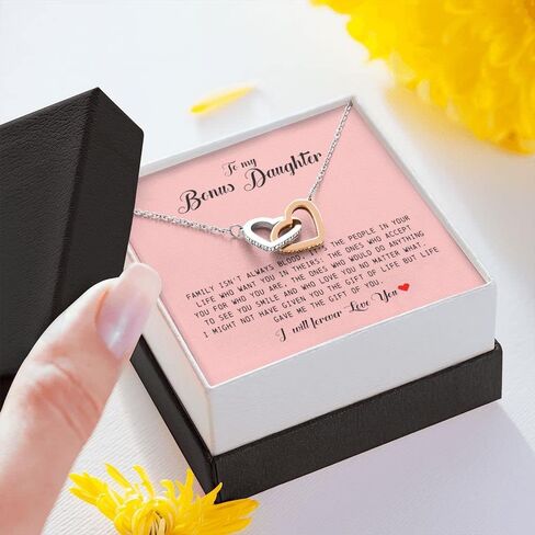 To My Bonus Daughter, Interlocking Heart Necklace Stepdaughter Gifts From Stepmom, Adopted Daughter Necklace From Unbiological Mom, Necklace Jewelry On Birthday Christmas, Women's Jewelry in Saudi Arabia