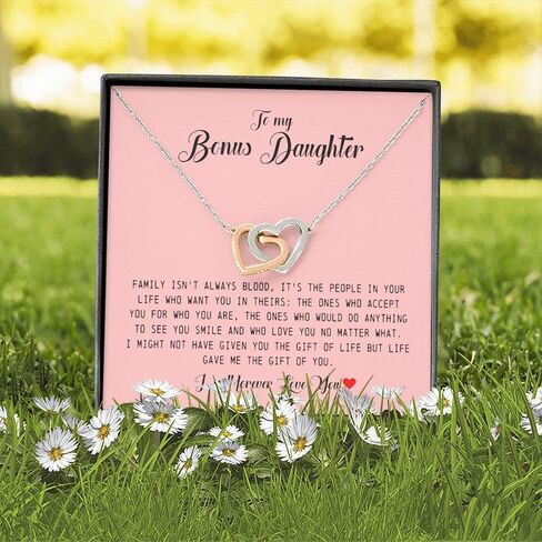 To My Bonus Daughter, Interlocking Heart Necklace Stepdaughter Gifts From Stepmom, Adopted Daughter Necklace From Unbiological Mom, Necklace Jewelry On Birthday Christmas, Women's Jewelry in Saudi Arabia
