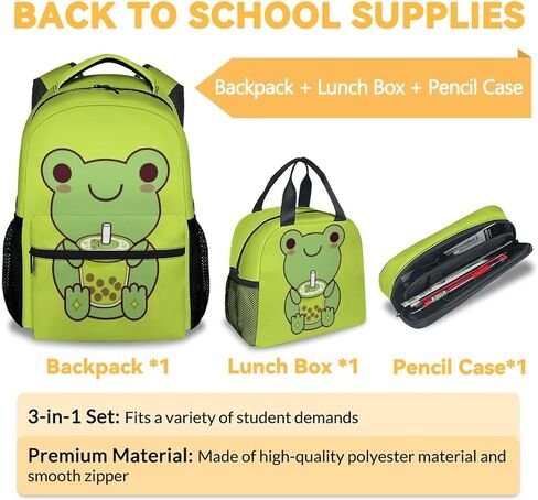 حقيبة ظهر على شكل ضفدع مع صندوق غداء ومقلمة، حقيبة كتب على شكل ضفدع مقاس 16 بوصة مع أشرطة قابلة للتعديل، متينة، خفيفة الوزن، سعة كبيرة، حقيبة ظهر مدرسية للفتيات والنساء in Kuwait