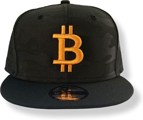 قبعة مموهة سوداء من BTC Universe Bitcoin Flat Bill Snapback مع تطريز منتفخ برتقالي ثلاثي الأبعاد، مقاس واحد in Kuwait