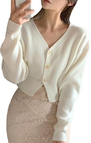 سترة صوفية نسائية من COZYEASE بأزرار سفلية ورقبة على شكل حرف V وأكمام طويلة وكتف منسدل وسترات صوفية محبوكة in Kuwait