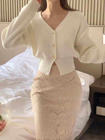 سترة صوفية نسائية من COZYEASE بأزرار سفلية ورقبة على شكل حرف V وأكمام طويلة وكتف منسدل وسترات صوفية محبوكة in Kuwait