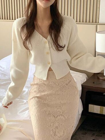 سترة صوفية نسائية من COZYEASE بأزرار سفلية ورقبة على شكل حرف V وأكمام طويلة وكتف منسدل وسترات صوفية محبوكة in Kuwait