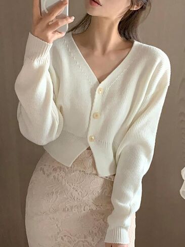 سترة صوفية نسائية من COZYEASE بأزرار سفلية ورقبة على شكل حرف V وأكمام طويلة وكتف منسدل وسترات صوفية محبوكة in Kuwait