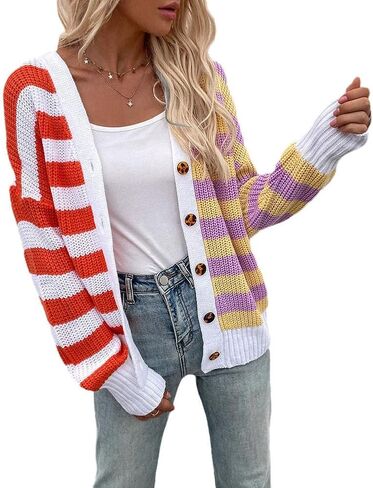 Women's Long Sleeve Stripe Knit Cardigan Sweaters Open Front Outwear in Saudi Arabia