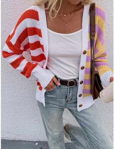Women's Long Sleeve Stripe Knit Cardigan Sweaters Open Front Outwear in Saudi Arabia