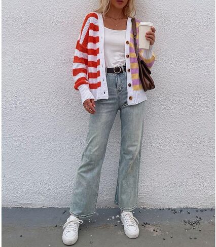 Women's Long Sleeve Stripe Knit Cardigan Sweaters Open Front Outwear in Saudi Arabia